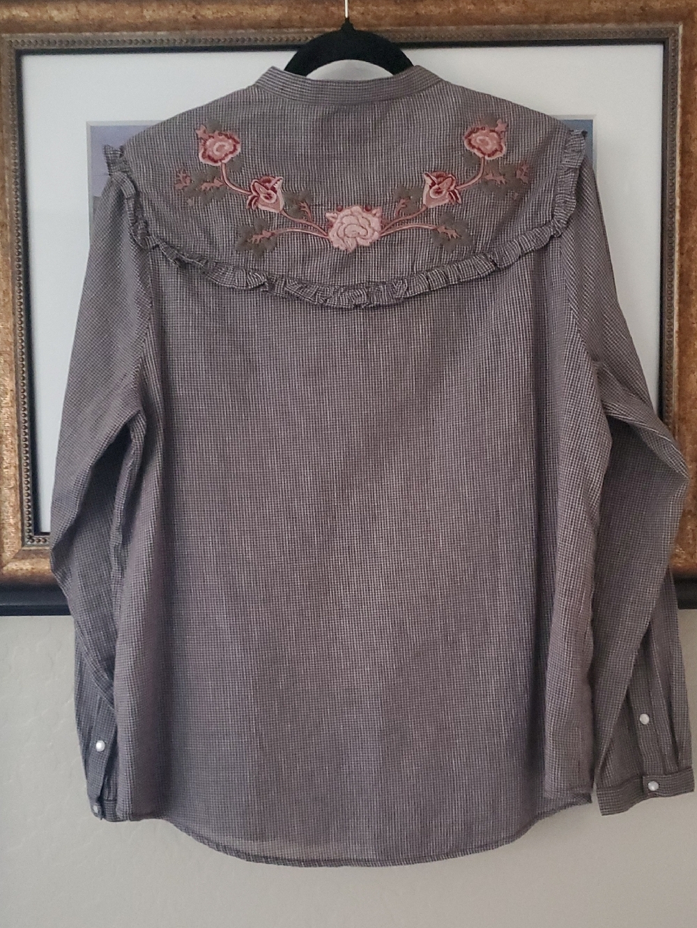 Check Embroidered Ruffle Snap Button Top - Pink Floral - Picture 3 of 8